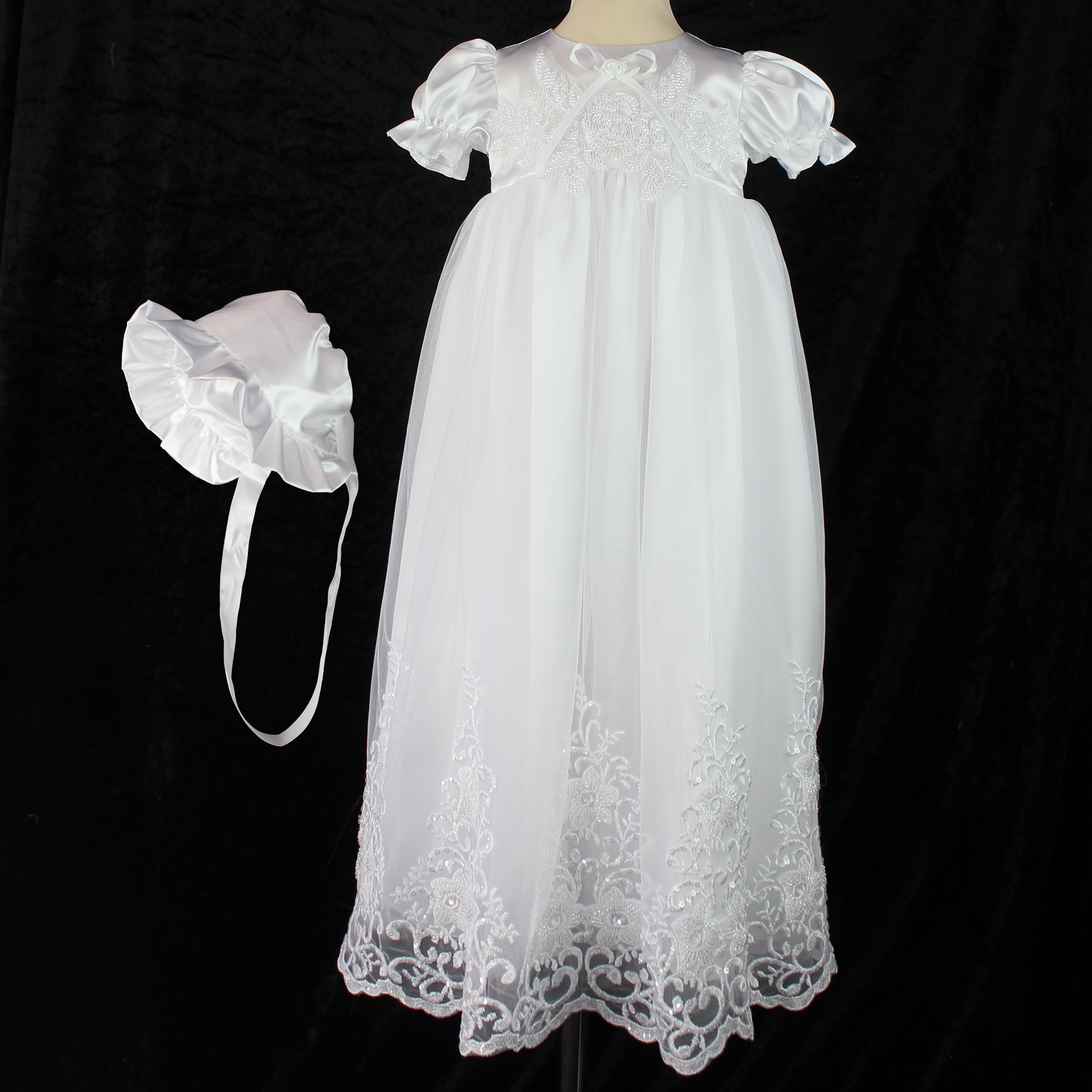 Baby Girls White Long Christening Gown Baptism Dress with Bonnet