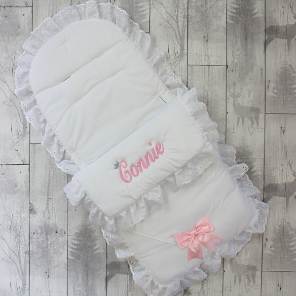 Personalised Cosy Toes / Footmuff - Universal  White / Pink