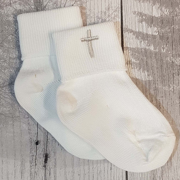 baby white socks for christening baptism with cross