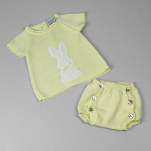 yellow knitted 2 piece outfit with white bunny