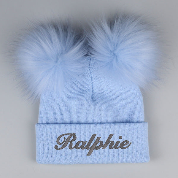 Personalised Pastel Blue Double Pom Hat - 2 to 6 years
