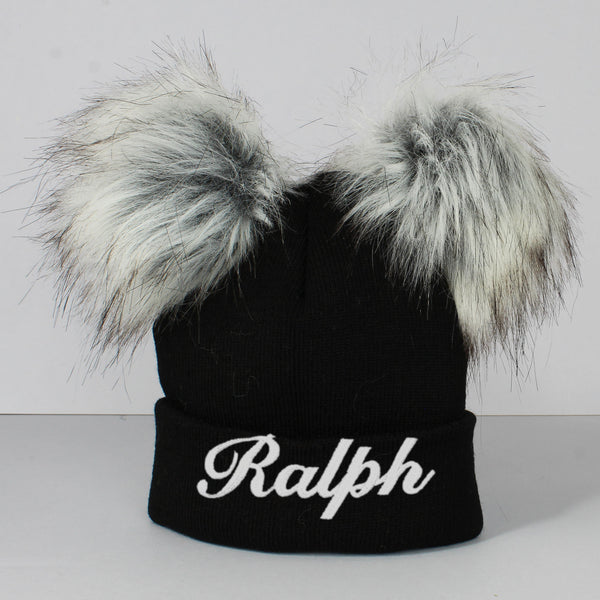 Personalised Black Double Pom Hat - 2 to 6 years