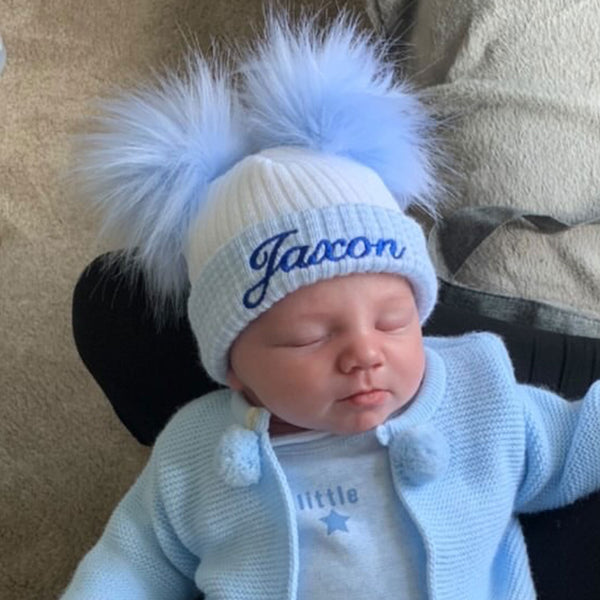 personalised baby hat with two pom poms