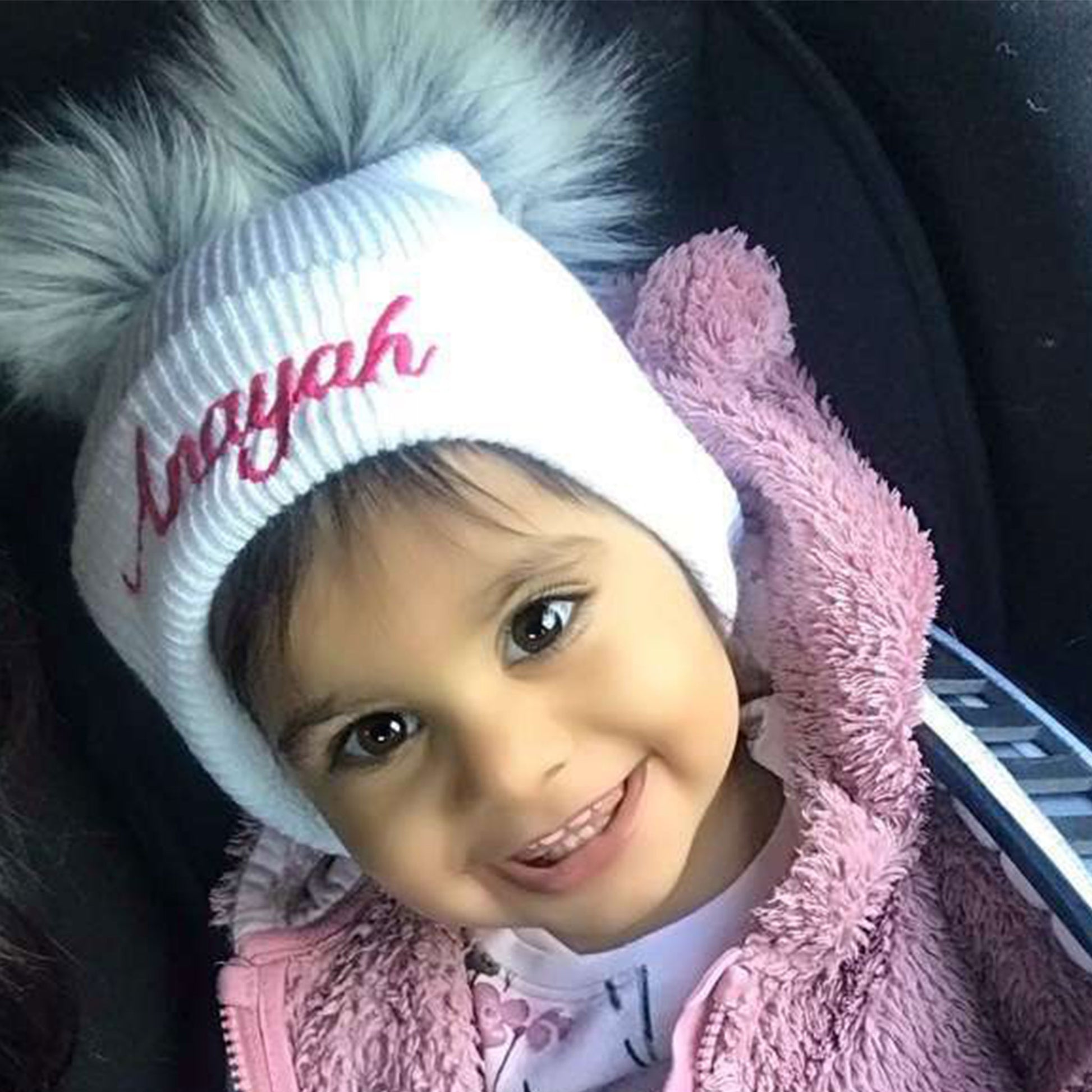 baby unisex white pom pom hat personalised
