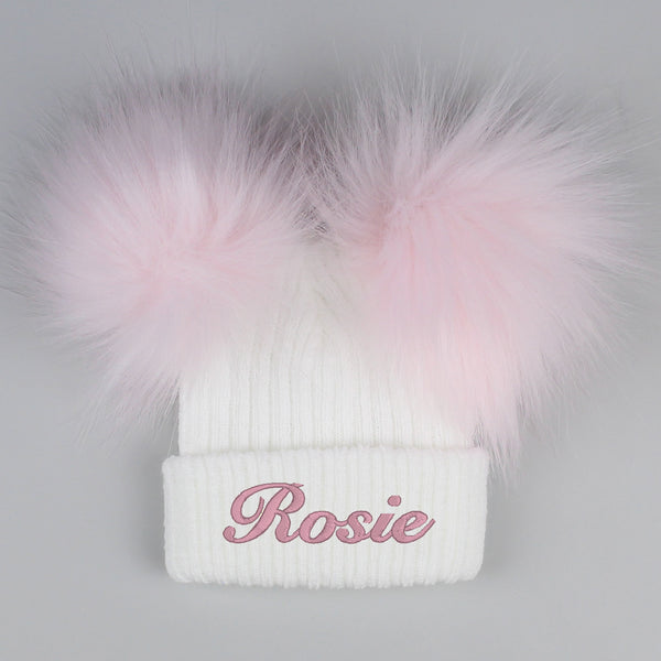 Personalised Baby Double Pom Hat - White Pink