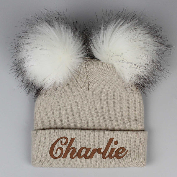 baby unisex custom name beige pom hat