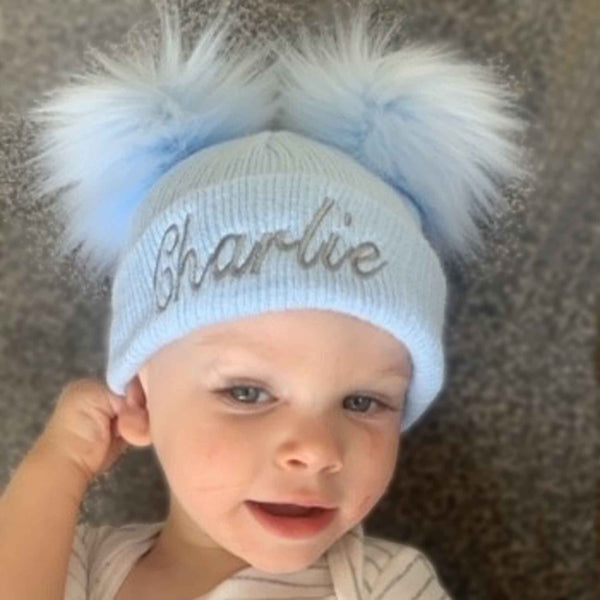personalised baby double pom hat