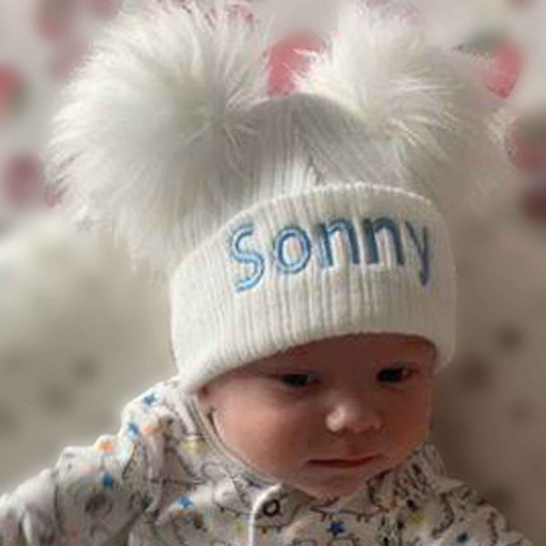 personalised baby hat white with two pom