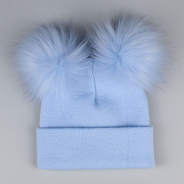 Pastel Blue Double Pom Hat - 2 to 6 years