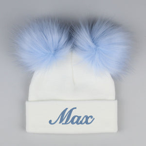 Personalised Pastel White/Blue Double Pom Hat - 2 to 6 years
