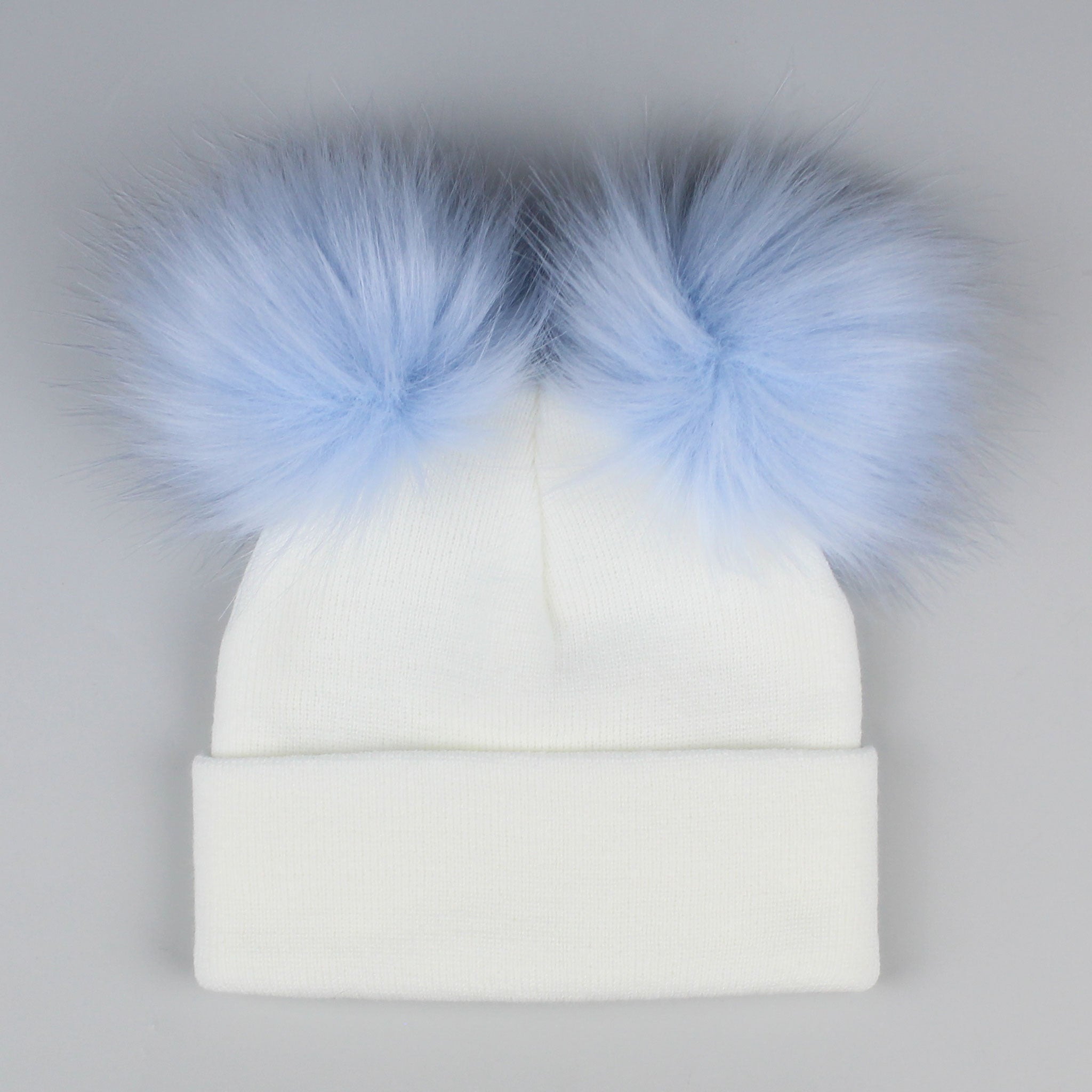 Pastel White/Blue Double Pom Hat - 2 to 6 years