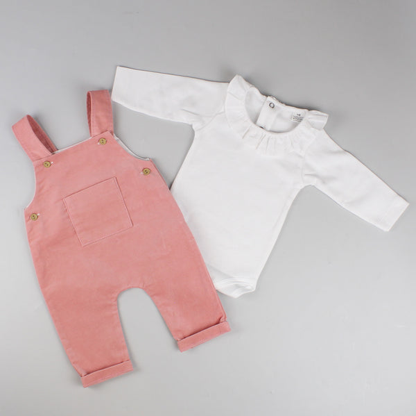 baby girls traditional white cotton vest with dungarees corduroy