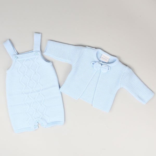 baby boys knitted blue two piece dungarees and cardigan