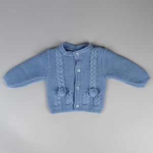 baby dusky blue knitted pom pom cardigan