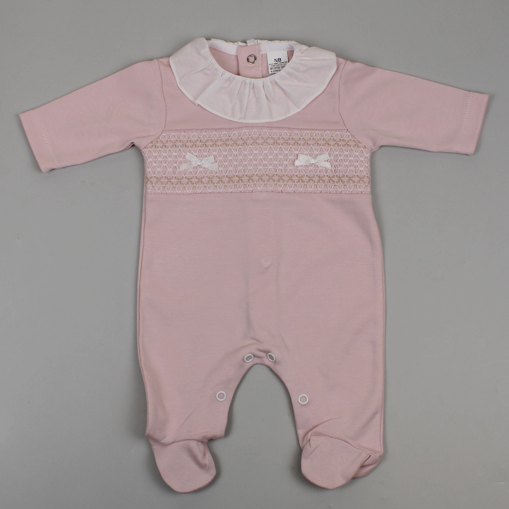 baby girls dusky pink smocked sleepsuit
