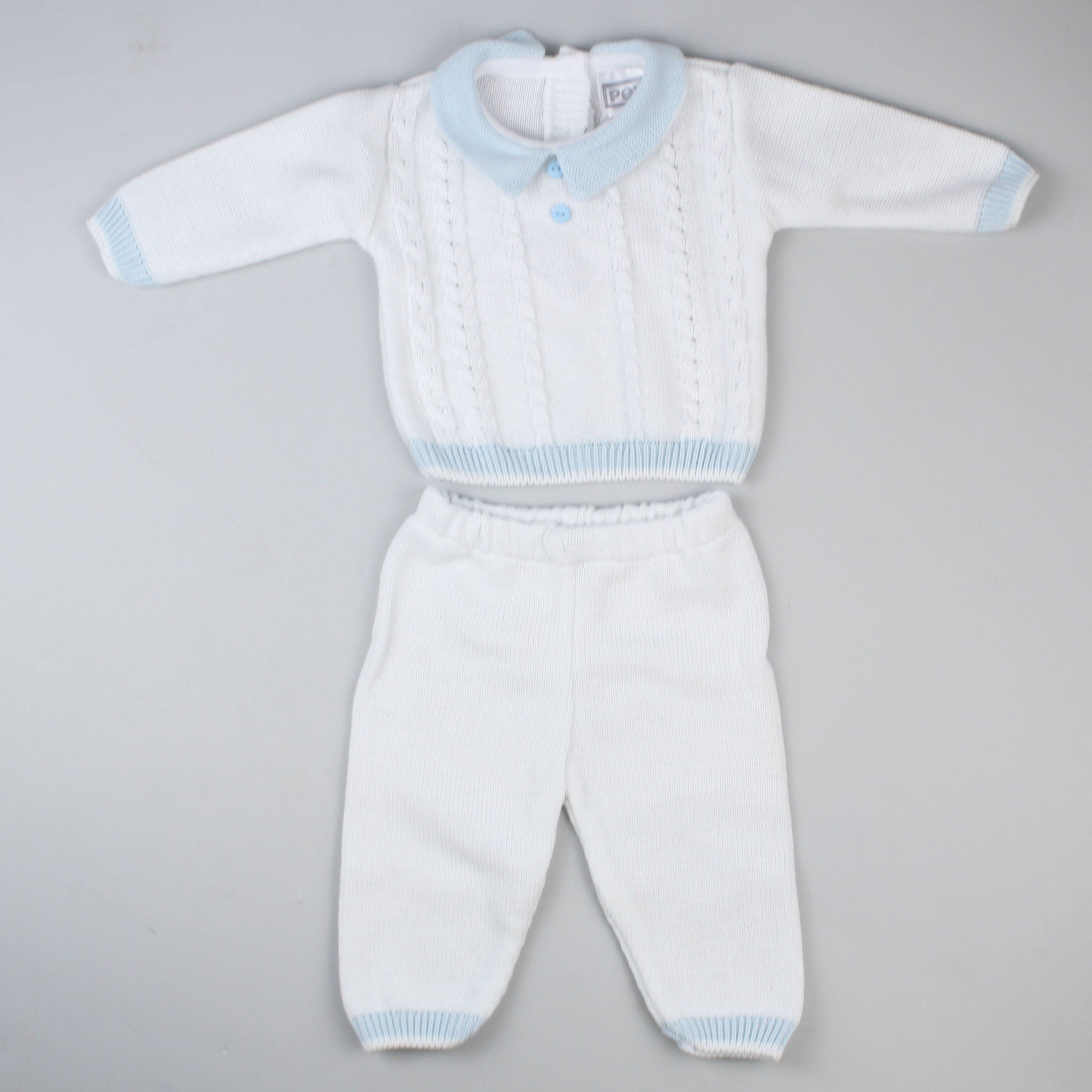 baby boys white and blue knitted outfit with shirt and pants