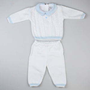 baby boys white and blue knitted outfit with shirt and pants