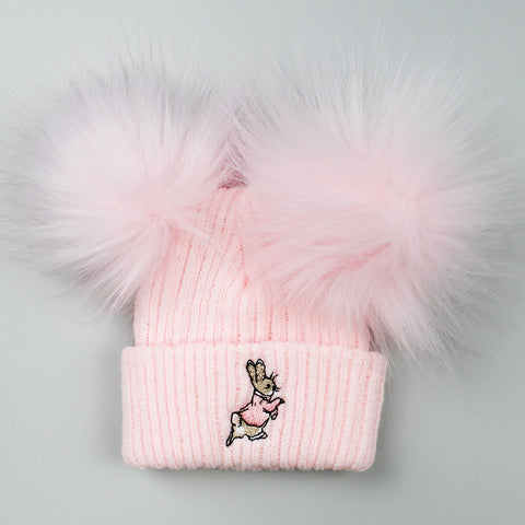 Baby Girls Rabbit Double Pom Hat - Pink