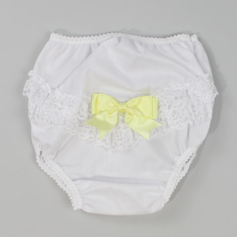 Baby's frilly knickers in ivory, white or pink in sizes from birth to 2  years.