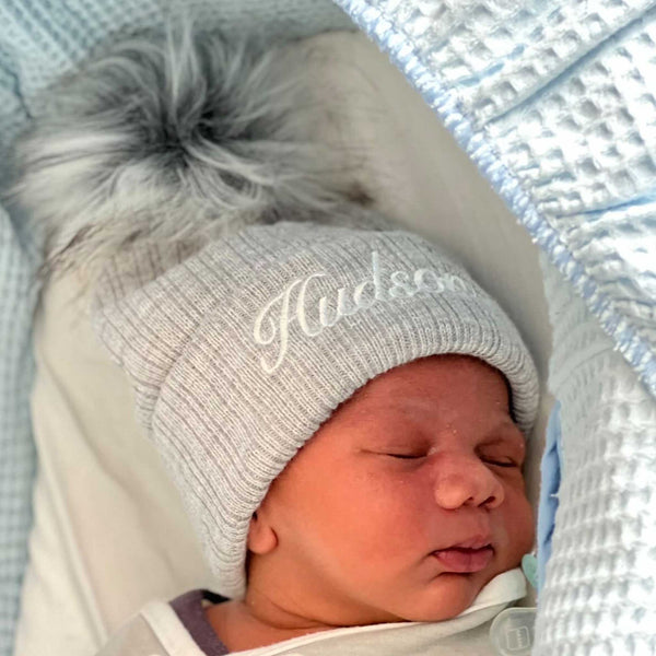 baby unisex grey pom hat personalised