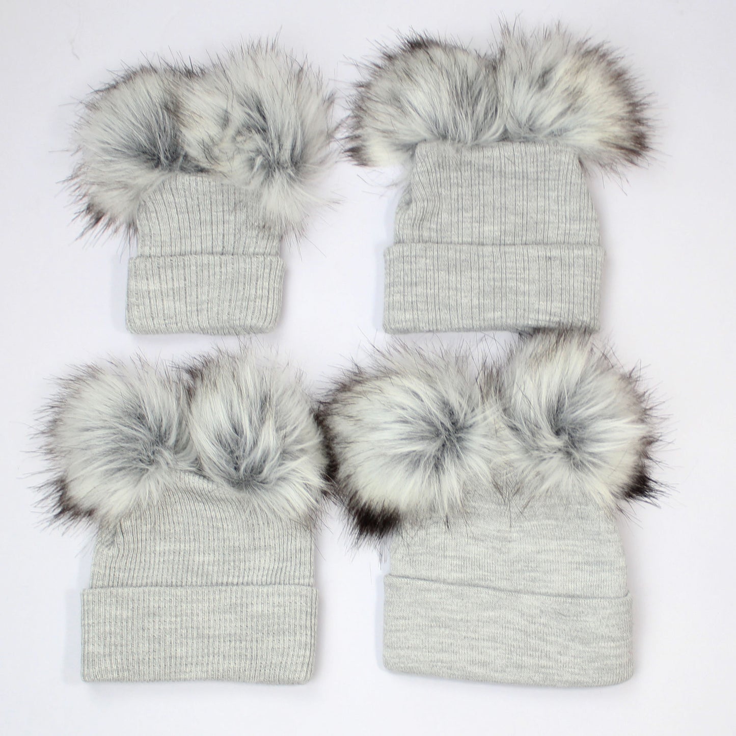 Personalised Two Pom Baby Hat - Grey Double Fur Pom