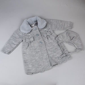 baby girls knitted coat with fur collar and bonnet