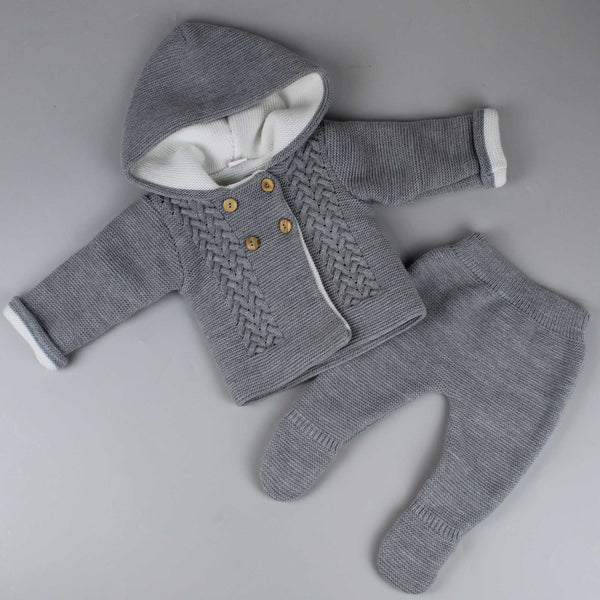 baby knitted outfit double lined grey hoodie with trousers with feet