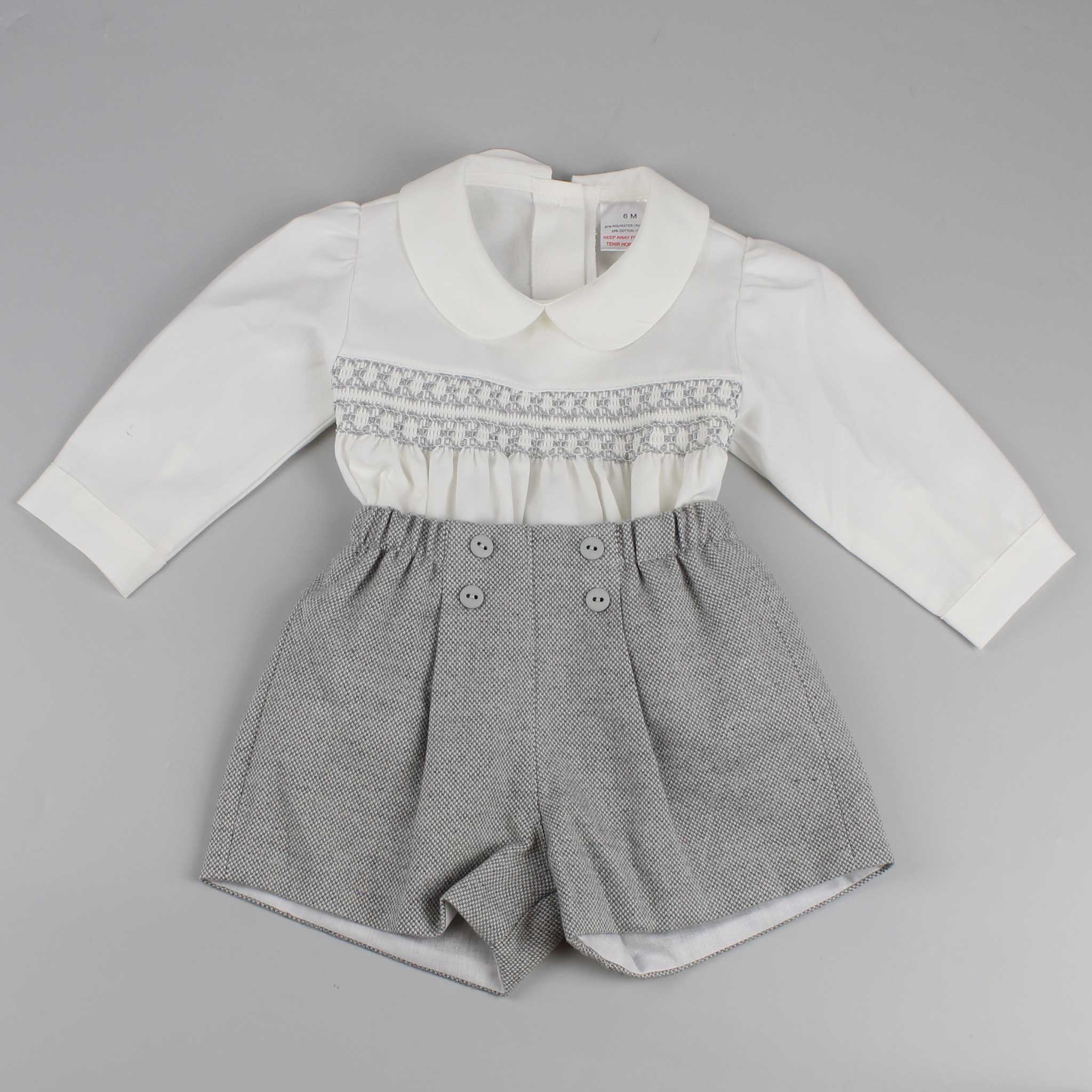 baby boys traditional summer outfit grey shorts and shirt