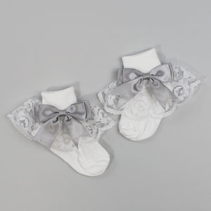baby girl frilly socks grey bows and lace