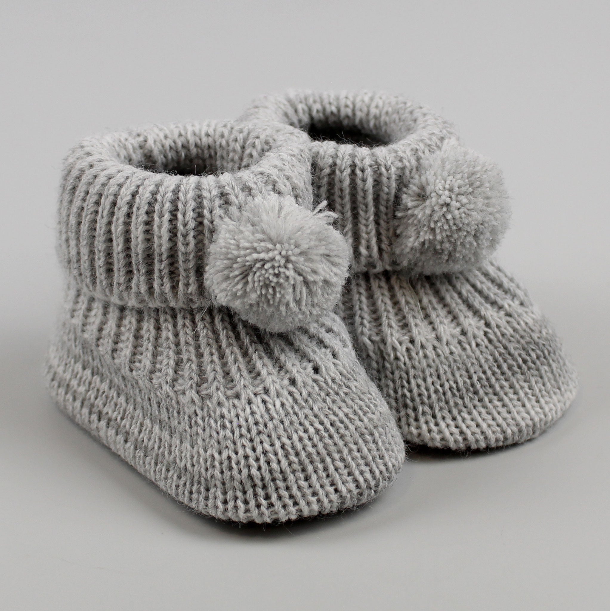 Grey Baby Booties with pom poms Newborn to 6 months