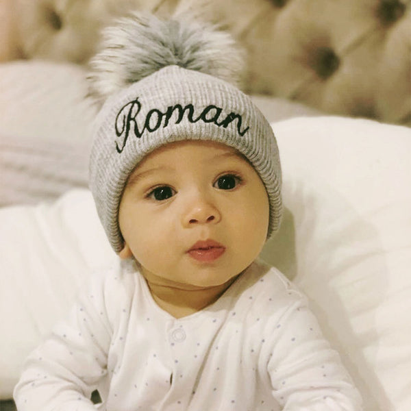 personalised baby hat grey pom pom
