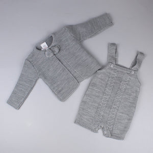 baby unisex grey knitted outfit dungarees and cardigan set traditional outfit