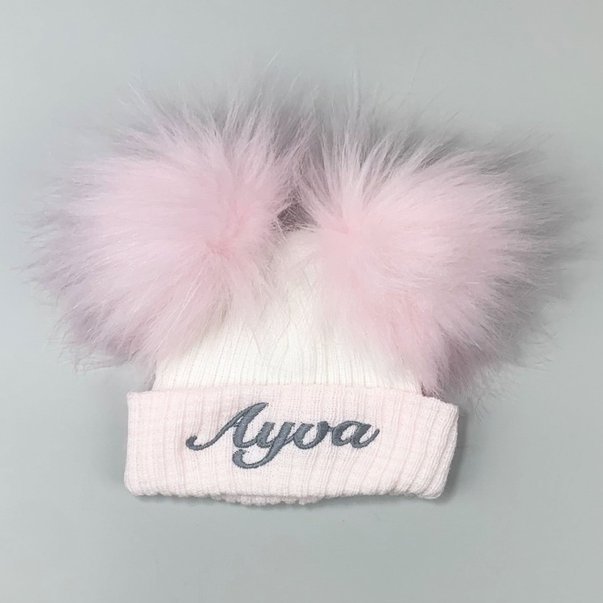 Newborn Baby Pom Hat - White Pink- Double Pom - First Size- Personalised