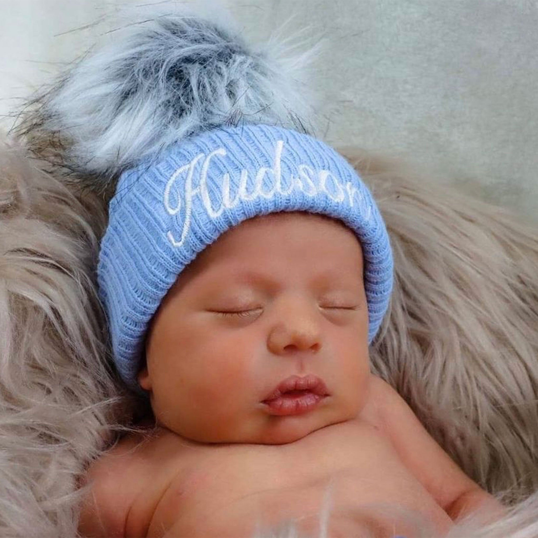 baby boys personalised blue pom winter hat