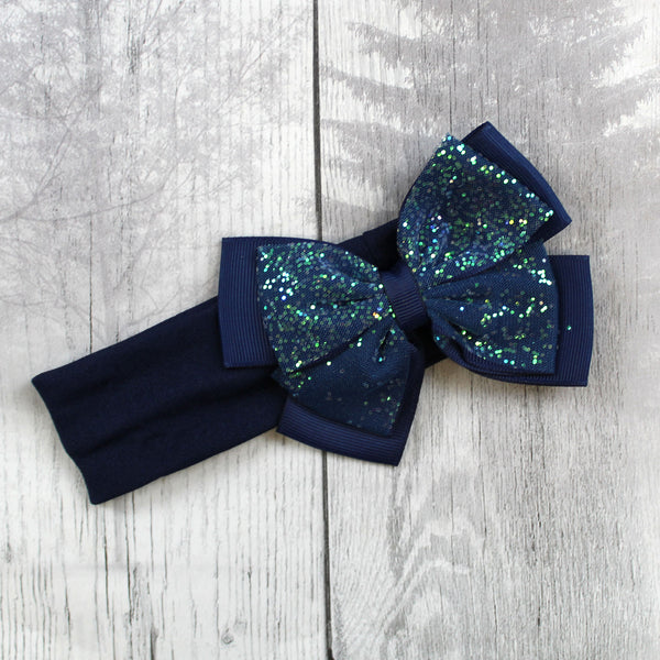 Navy baby girls headband with sparkly teal bow