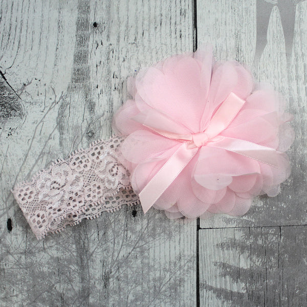 baby girls pink lace headband with flower and bow