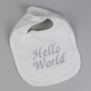 unisex baby bib with hello world embroidery