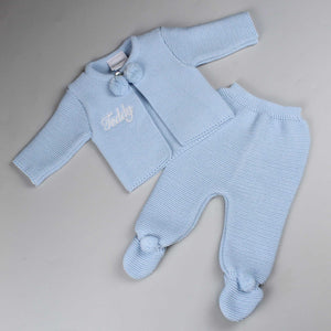 baby boys personalised knitted blue outfit