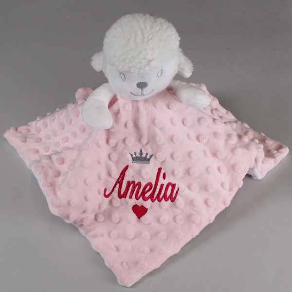 Baby girls personalised embroidered lamb comforter