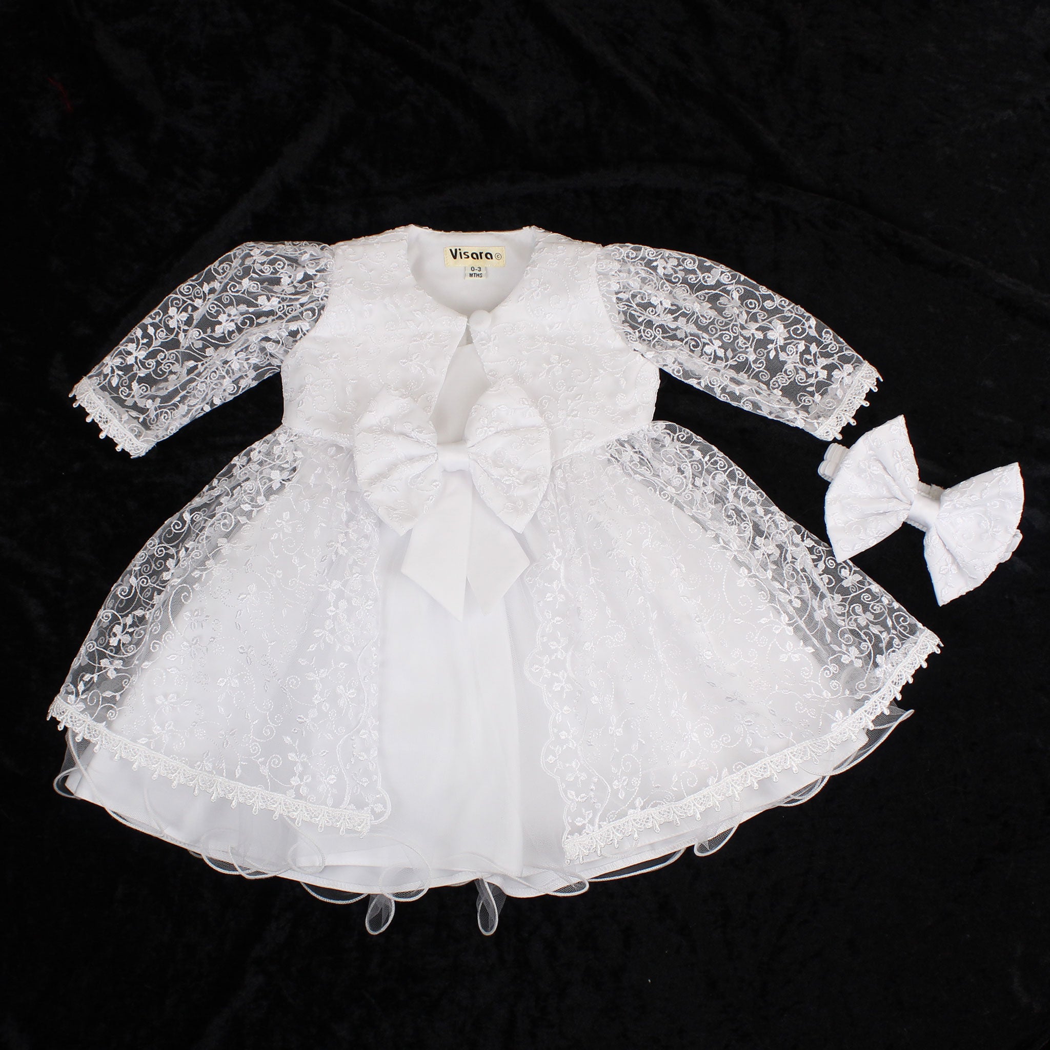 baby girls christening dress and lace jacket with headband in white