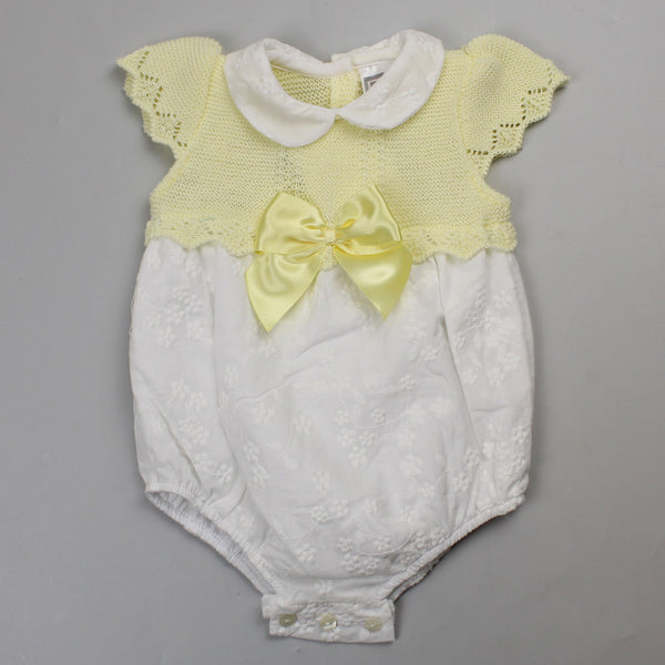 knitted baby outfit in lemon with embroidery