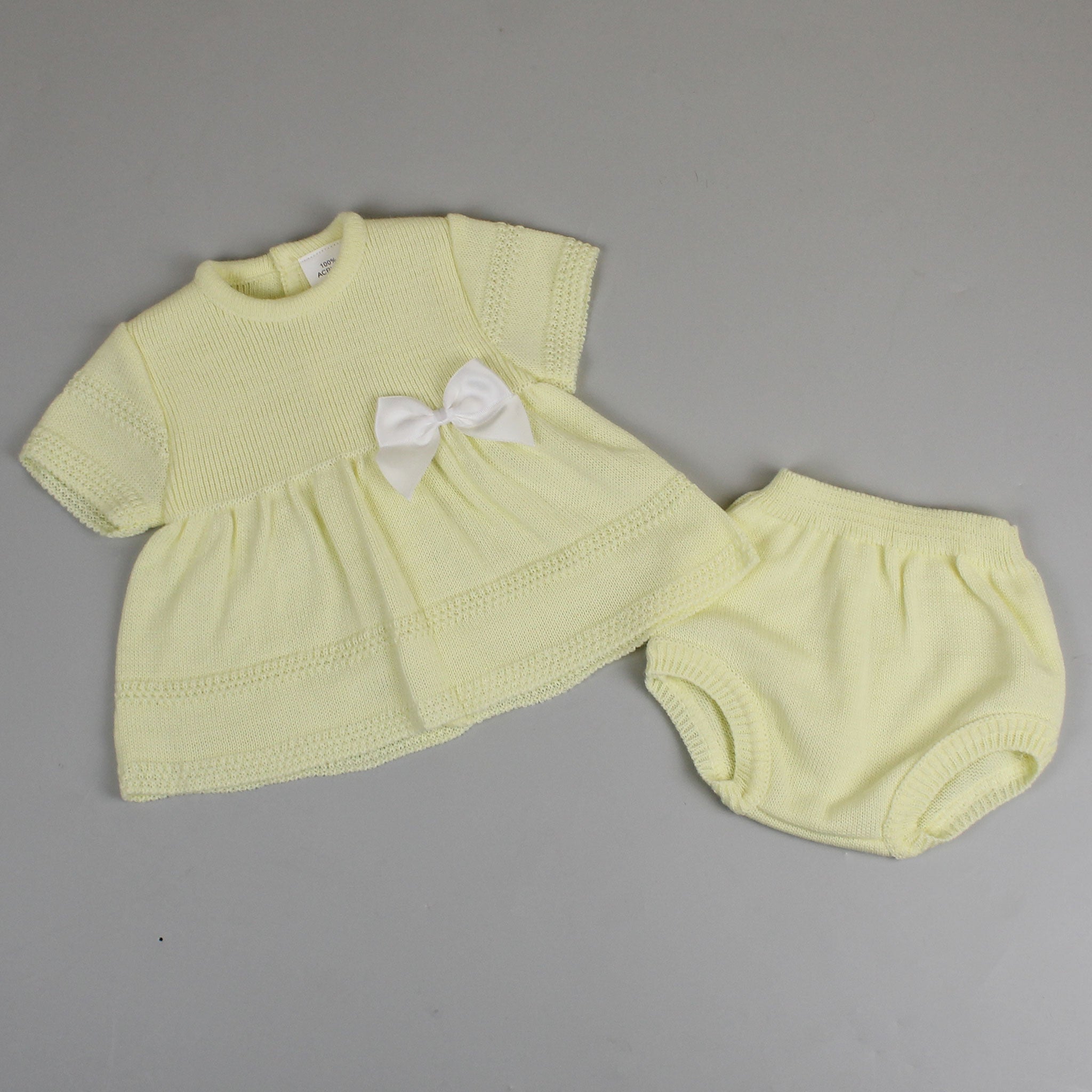 lemon yellow knitted baby dress and knickers