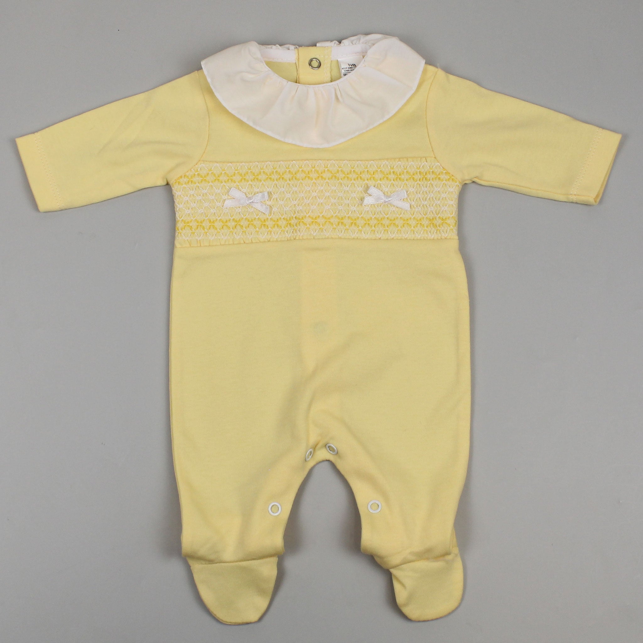 lemon all in one cotton baby sleepsuit with smocking baby girls