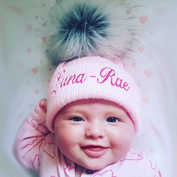 personalised baby hat pink fur pom