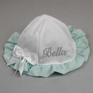 baby girl white mint green personalised sun hat summer hat