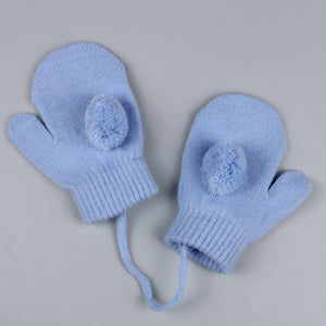 Baby Mittens / Gloves with pom poms and connecting string - Blue