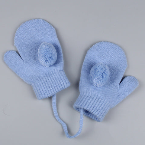 Baby Mittens/ Gloves with pom poms and connecting string (Two sizes) - Blue