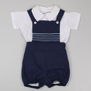 baby boys two piece smart summer outfit dungeree co ords with shirt in navy