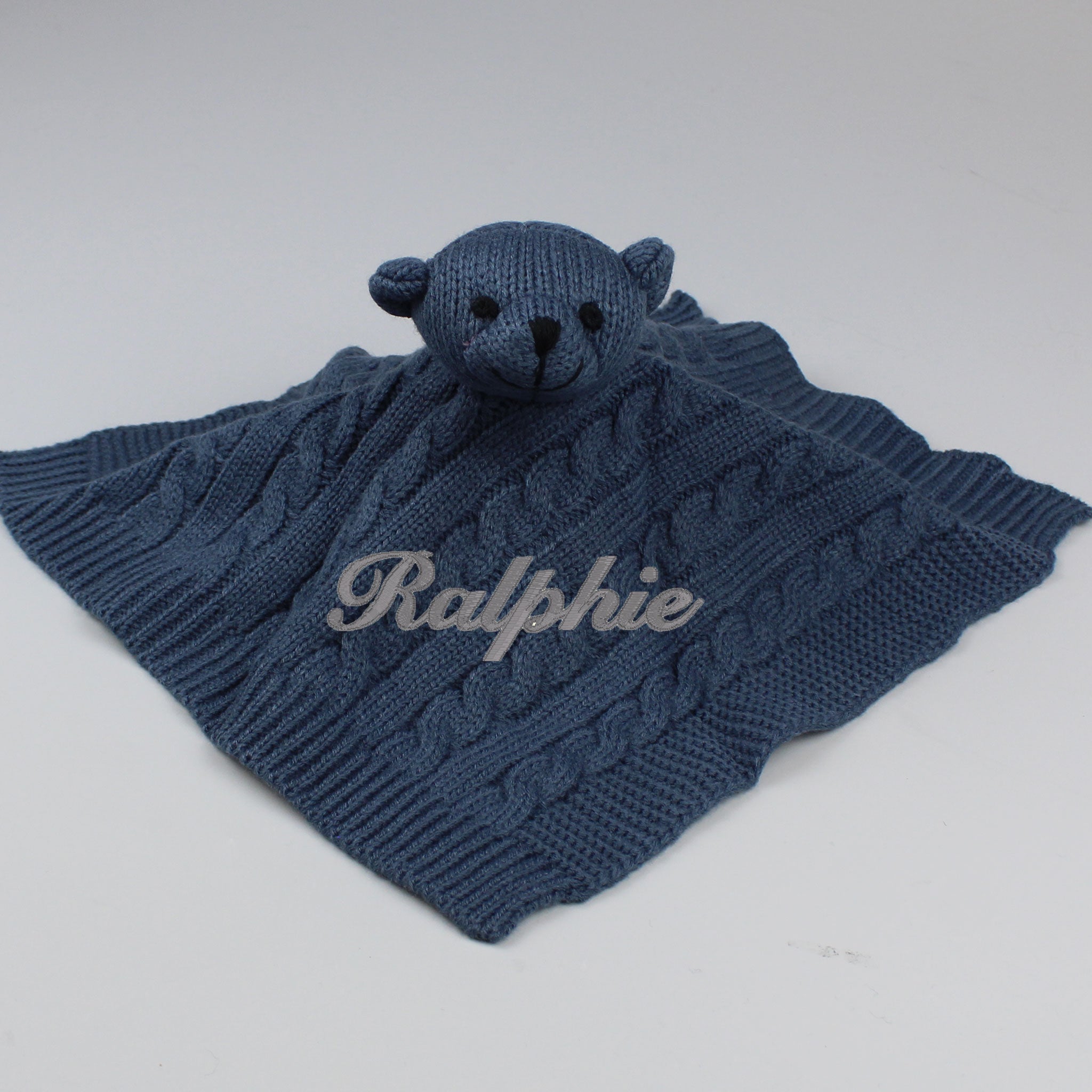 knitted personalised navy comforter