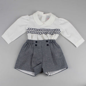 baby boys navy shorts and smocked shirt smart outfit